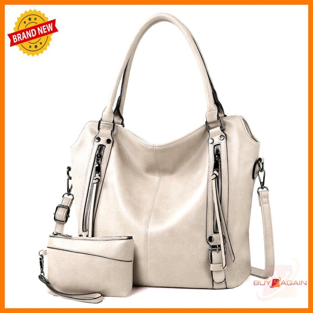Large Vegan Leather Tote Bag with Adjustable Strap, 6 Pockets, Fits 15" Laptop